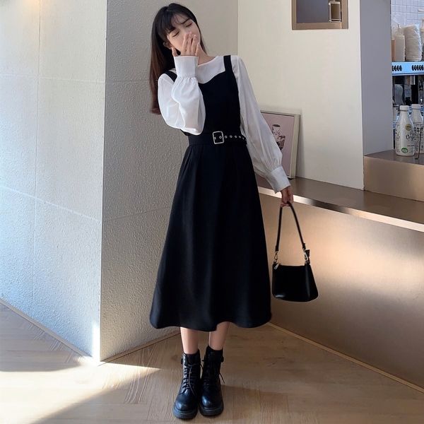 

2021 New Autumn 2 Piece Mid-length Waist Fashion Suspend Skirt Mature Female Light Long-sleeved Top Srxn, White