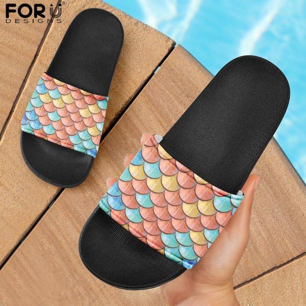 

forudesigns rainbow mermaid scales printed 2021 summer slides women slide slippers comfortable beach sandals shoes, Black