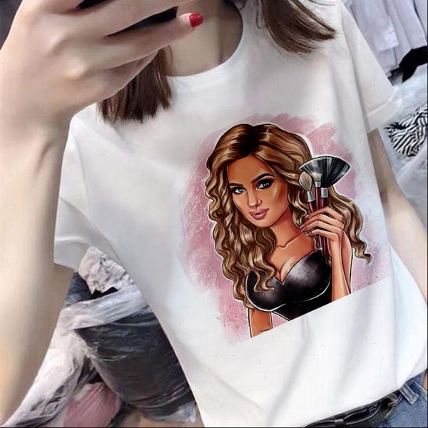 

women clothes 2021 summer thin section t shirt harajuku beauty makeup print tshirt leisure short sleeve streetwear t shirt, White