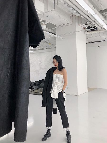 

women's pants & capris original dark black high waist lace stitching straight suit nine-point were thin wild women, Black;white