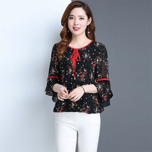 

summer chiffon blouses women shirt fashion flare sleeve shirts print blouse blusas plus size women clothing df2393 210225, White