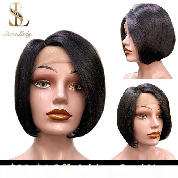 

shinelady side parting short bob wig natural hair 1b# 2# front lace straight hair wigs for black women human wig bangs, Black;brown