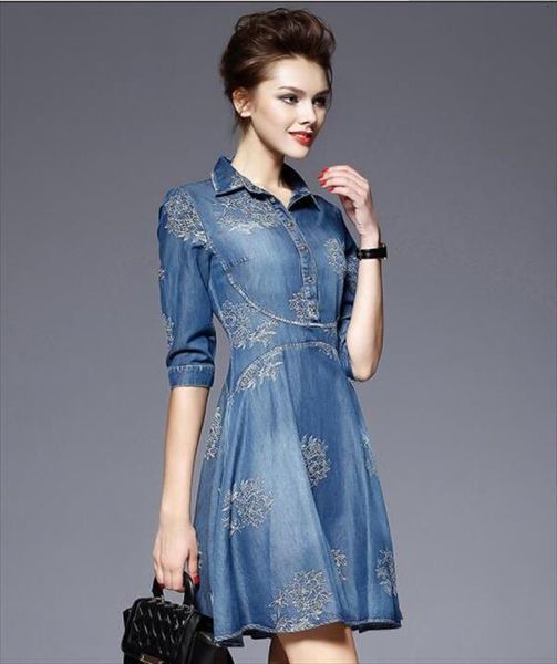 

spring autumn plus size denim women dress adjustable sleeves embroidered short jean cowboy 4xl 5xl jurken grote maten, Black;gray