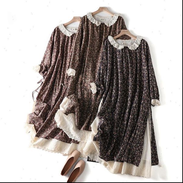

vintage japanese style lace peter pan collar long sleeve rustic flowers print cotton layers dress 2021 autumn, Black;gray