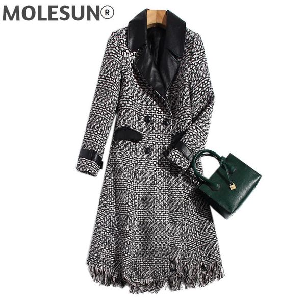 

women's wool & blends designer leather stitching tweed lapel coat autumn winter double breasted tassels slim fashion vintage elegant wi, Black