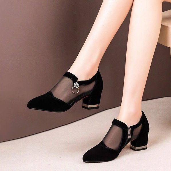

dress shoes 2021 women high heel mesh breathable pumps zip pointed toe thick heels fashion female elegant footwear, Black
