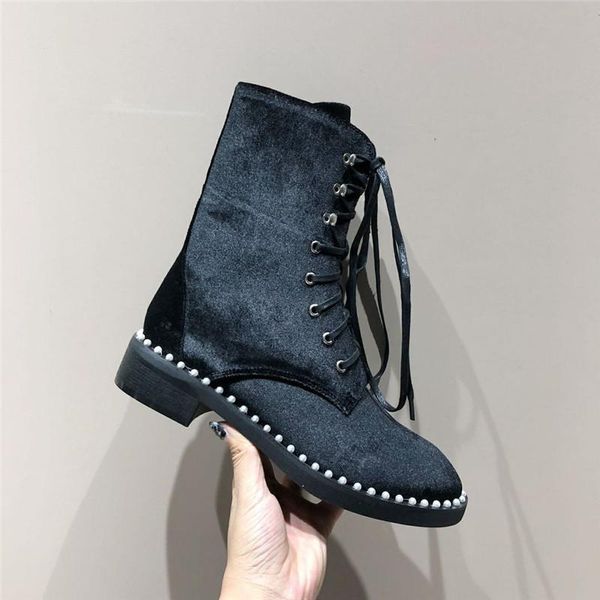 

boots 2021 fashion pearl trim short women genuine leather lace up rome round toe med calf woman shoes desginer, Black