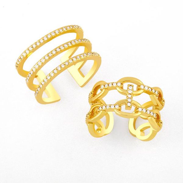 

cluster rings flola gold vermeil double layers open cuff adjustable cz micro pave three finger ring wholesale jewelry gift rigk42, Golden;silver