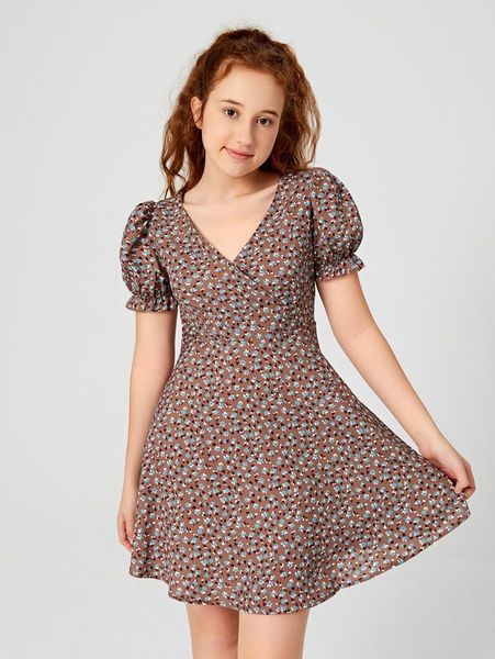 

teen girls puff sleeve ditsy floral dress she01, Red;yellow