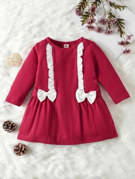 

baby frill trim bow front dress she, Red;yellow