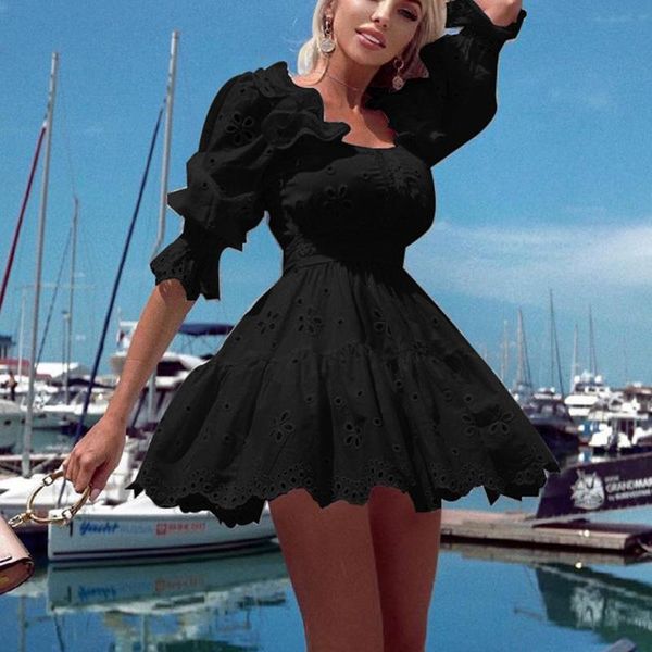 

casual dresses women solid mini dress spring autumn long sleeve a line ruffle 2021 beach party ladies robe de princesse, Black;gray
