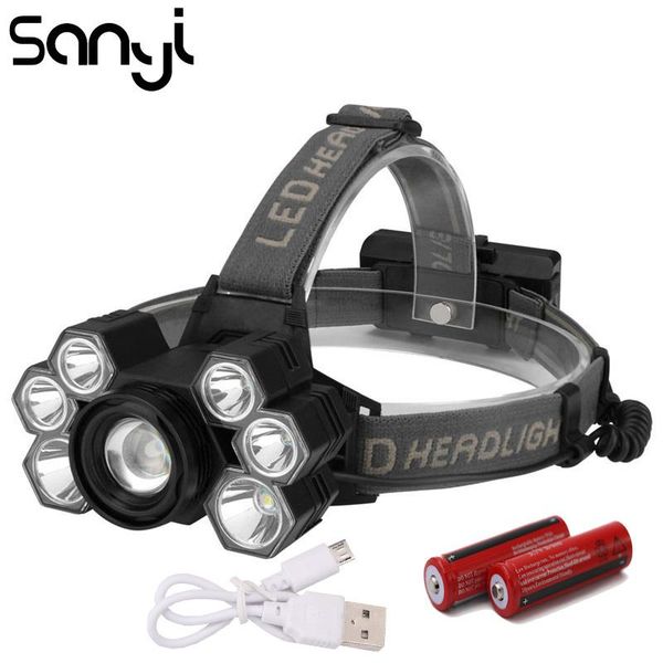 

sanyi super bright headlamp 7 led head xpe t6 head lamp 2 x 18650 battery usb rechargeable headlamp