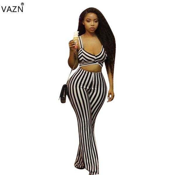 

women's jumpsuits & rompers vazn night club novelty fashion 2021 lady striped spaghetti strap plus sizehollow out skinny romper mnl971, Black;white