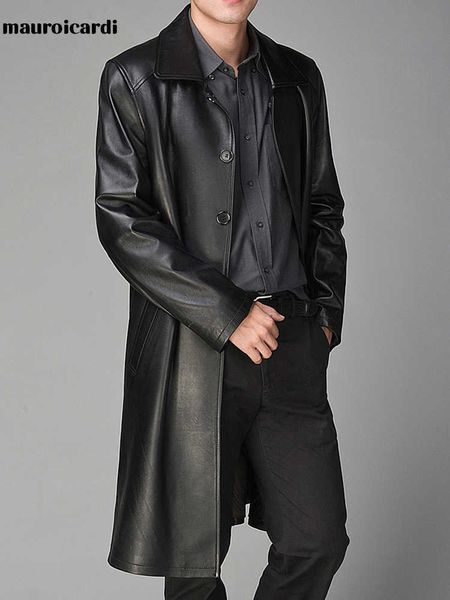 Mauroicardi outono longo preto faux couro trench casaco para mulheres manga comprida Único breasted luxo estilo britânico moda 211009