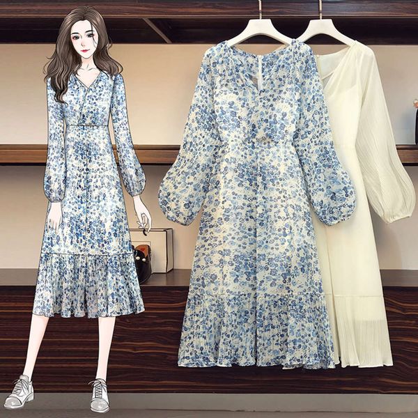 

chiffon waist down and slim french belly covered floral a-line dress 2021 spring new large women's fat sister, Black;gray