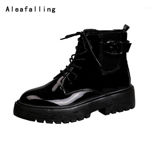 

boots aleafalling women lace up buckle shinny black leather elastic lady shoes solid outdoor girl's fashion11