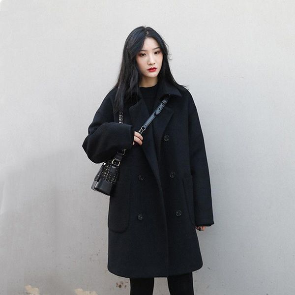 

women's wool & blends boyfriend preppy style woolen coat for women black loose double-breasted gentle temperament overcoat 2021 autumn