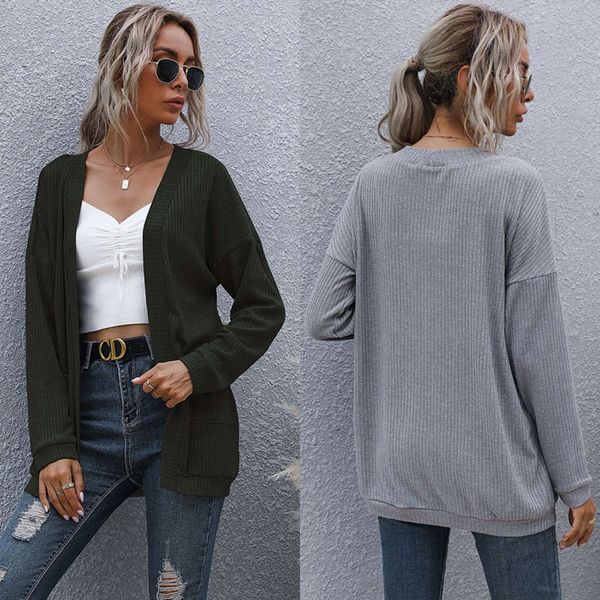 

autumn and winter 2020 new v-neck temperament commuter cardigan knitted long sve solid color sweater coat for women, White