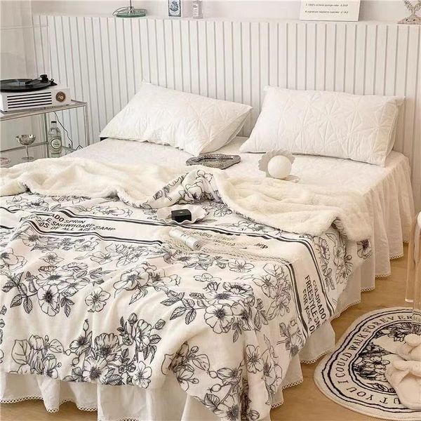 

blankets double layer blanket household single winter thickened printed lamb nap sofa portable