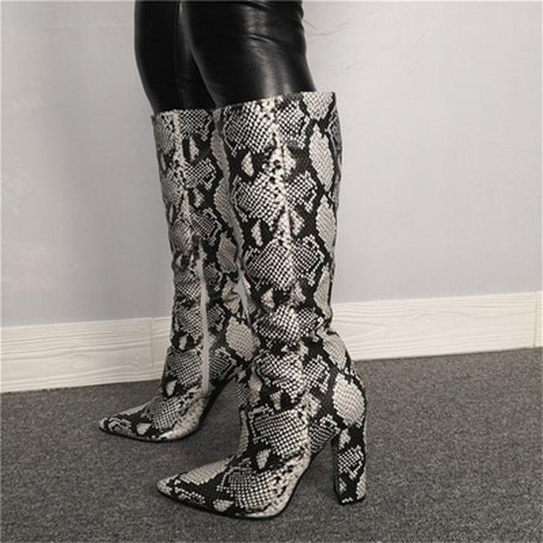 

boots bota feminina snake skin print leather high heels botas knee punk rain shoes woman pointy toe autumn winter chaussure, Black