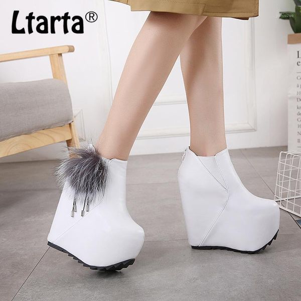 

boots ltarta 2021 winter women's increase high 16cm heel platform shoes ankle fur ball women -555-51, Black