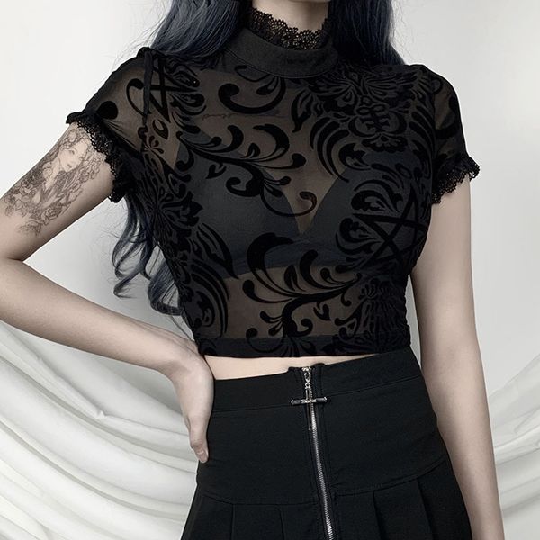 

new 2021 fashion women's print through crop net short sleeve shirt nightclub summer t-shirt v eljf, White