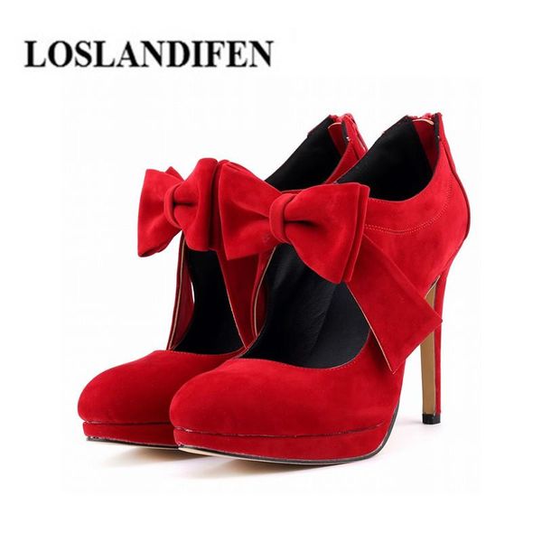 

dress shoes loslandifen 2021 women bowtie vamp thin high heels stiletto back zipper platform pumps wedding party size 35-42, Black