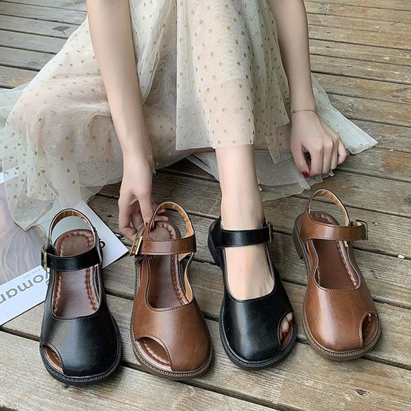 

sandals low woman leather shoes lady 2021 suit female beige buckle strap summer heels all-match low-heeled closed black flat