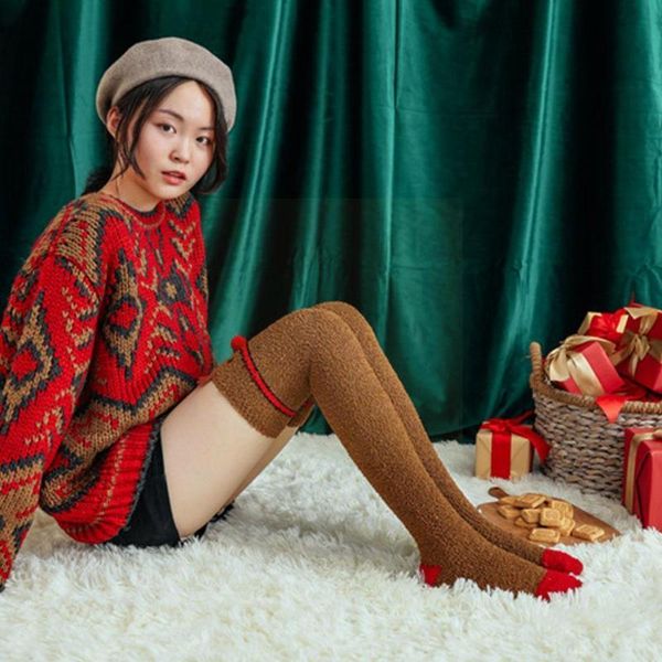 

socks & hosiery women coral fleece over the knee high stockings femme thick printing plush long christmas stocks elk warm w t3i6, Black;white