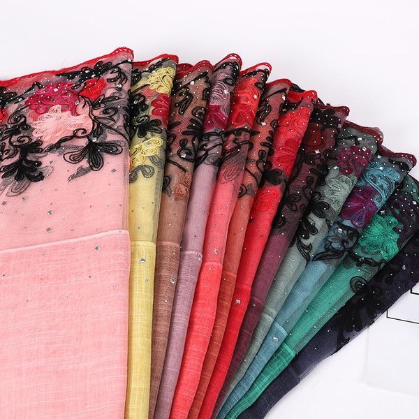 

scarves wholesale flower lace hijab with rhinestone muslim women long scarf shawls headband islamic headscarf turban foulard femme, Blue;gray