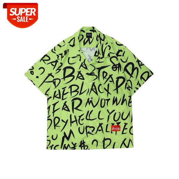 

harajuku full letter print mens shirts oversize graffiti short sleeve summer shirt lapel high street loose casual couple #jk3p, White;black