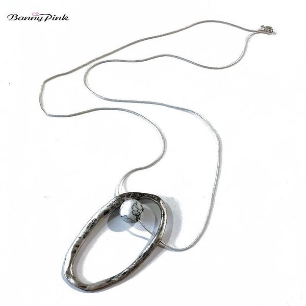 

pendant necklaces banny pink big alloy oval necklace for women vintage stone bead geo dangle long snake chain sweater, Silver