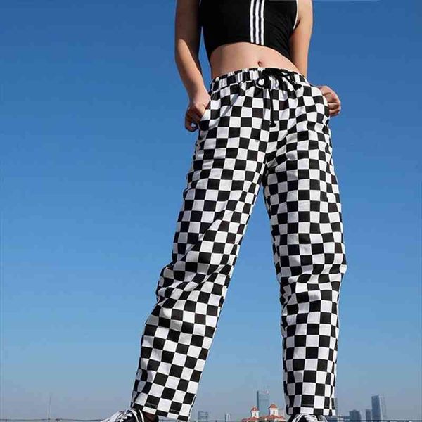 

plaid zipper checkered straight pants women elastic casual slim pockets long pants black white pencil pantalon femme y2k