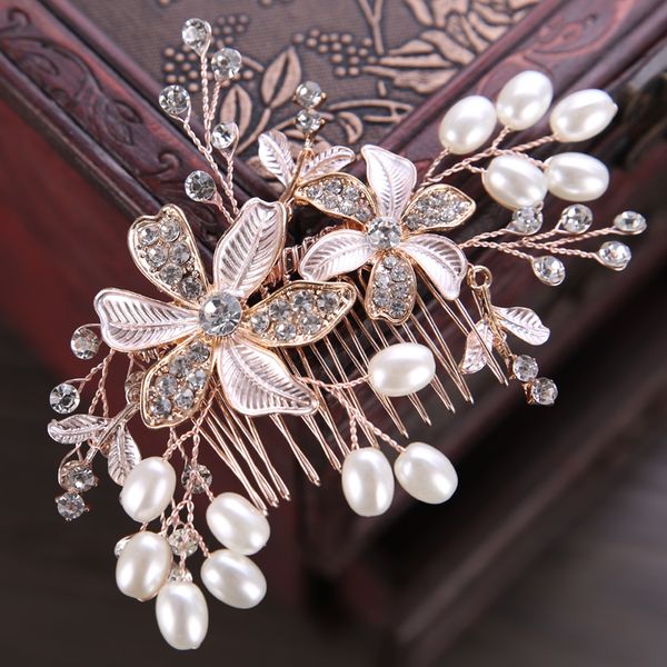 

trendy gold flower pearl bridal hair combs wedding hair accessories headpiece hair ornaments bride women jewelrydio chan contact, White;golden