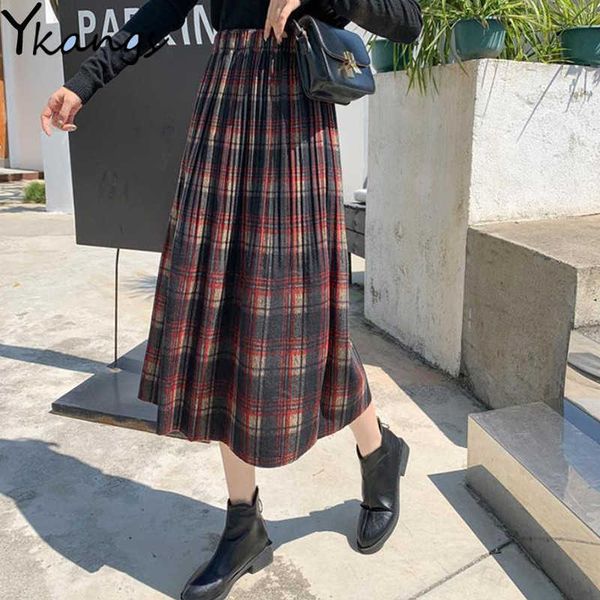 

7 colors vintage plaid wool pleated skirts elastic high waist winter women korea woolen skirt streetwear midi skirt girl clothes 210619, Black