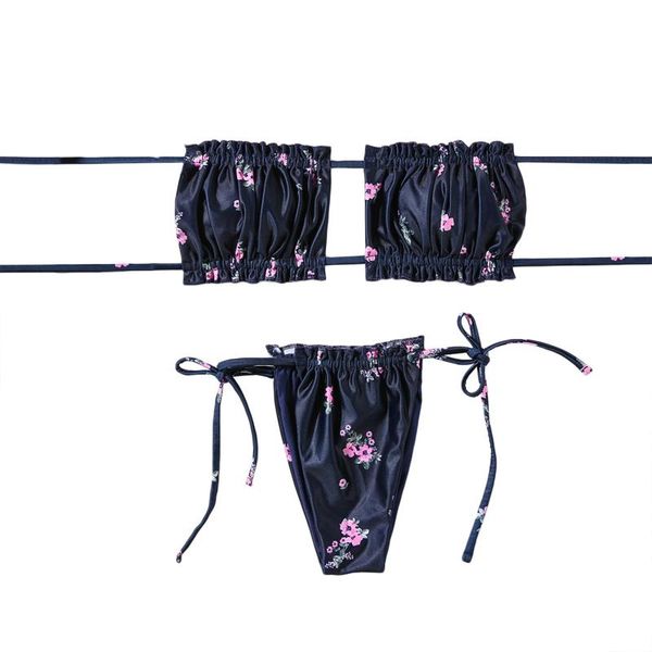 

women's swimwear women bandeau bra bikini sets, floral printed / solid color lace up hollow out 2 pcs swimsuit sets, White;black