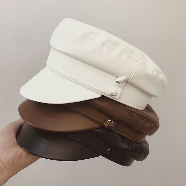 

2021 autumn winter new fashion pu leather for women coffee black white newsboy cap flat cabbie beret satin lined military hat 76dy, Blue;gray