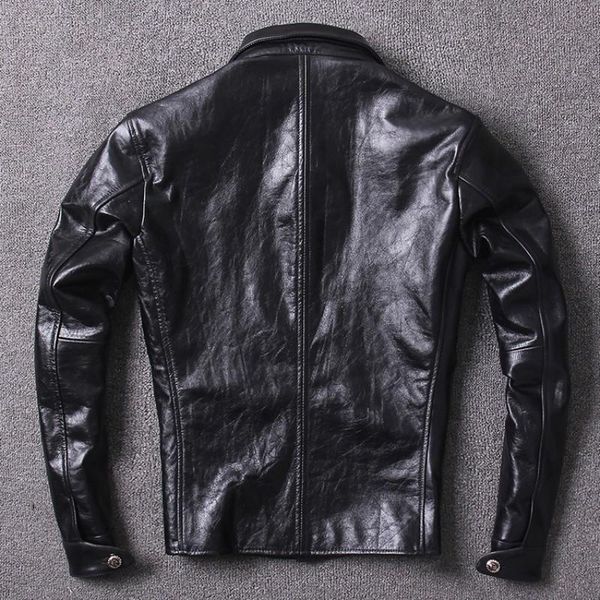 

men's leather & faux casual genuine horse mens jacket luxury designer turn-down collar male horsehide coat black pockets buttons
