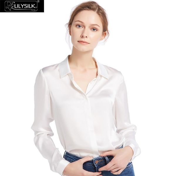 

lilysilk 100 silk shirts blouse women 22 momme basic placket chinese charmeuse natural glossy elegant ladies long sleeves 210315, White