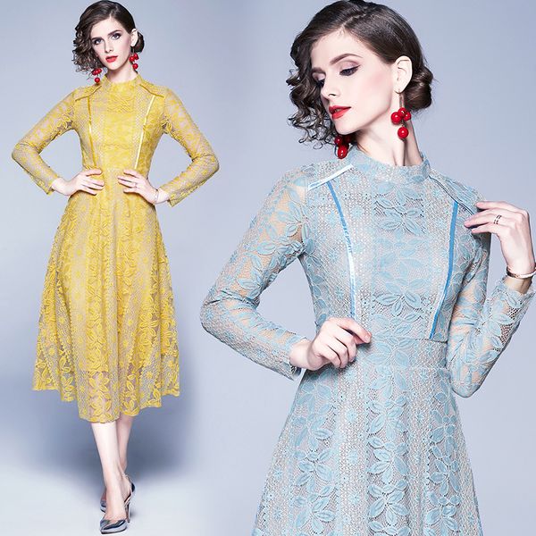 

2021 autumn large lace dress stitching elegant temperament slim, Black;gray