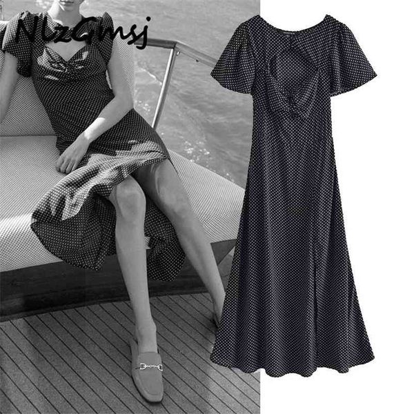 

dres vintage polka dot midi pleated elastic chest party woman short sleeve vestidos 03 210628, Black;gray