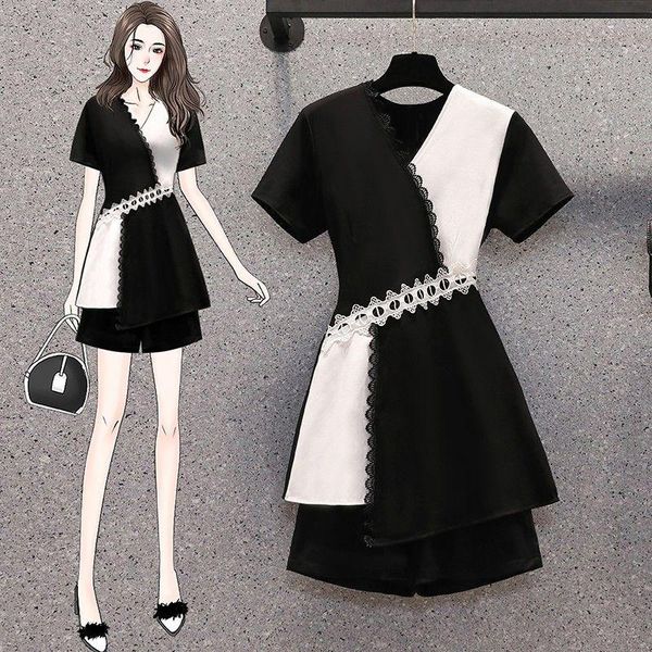 

women's tracksuits large size 2021 summer fat sister slim age cover contrast belly dress shorts two-piece suit fried street ol, Gray
