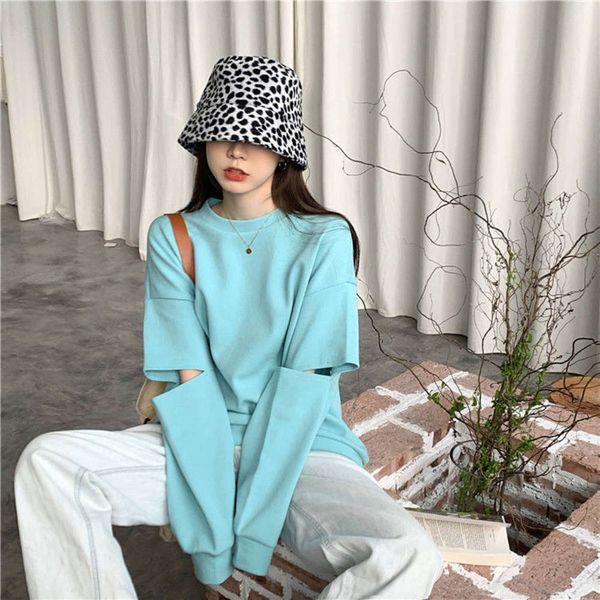 

women's spring autumn 2020 student's korean t-shirt loose and thin, long sleeve with holes, Black