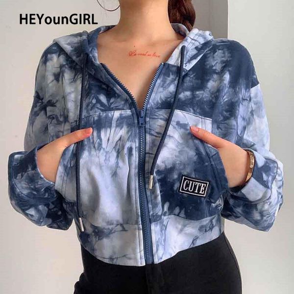 

heyoungirl autumn tie dye print sweat cropped jacket women harajuku casual long sleeve coats ladies fashion streetwear overcoat, Black;brown