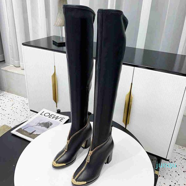 

front zipper designer thigh-high boots women fashion cowhide leather elastic over the knee boot .5cm chunky heels martin booties, Black