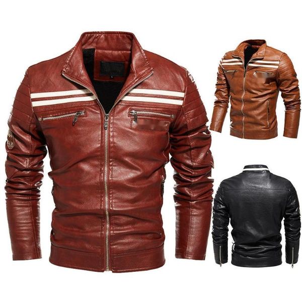 

men's jackets jacket motorcycle suit coat same striped leather plush, Black;brown