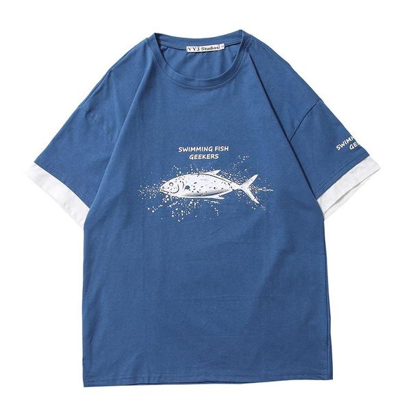 

100% cotton summer t shirt women man couples wear 2021 hip hop streetwear cute fish printed women's basic tee t-shirt, White