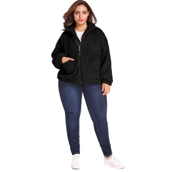 

women's wool & blends casual loose long sleeve jacket warm maintenance for fall solid color turn-down collar zipper, Black