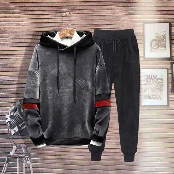 

golden suit men's autumn and winter double faced velvet large size sweater youth plush thickened leisure sportswear two piece set, Gray