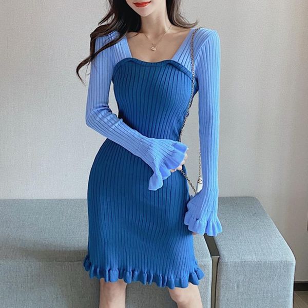

casual dresses women knit party dress patchwork color fashion bodycon mini short robe femme girl chic ruffles back bandage vestidos muj, Black;gray
